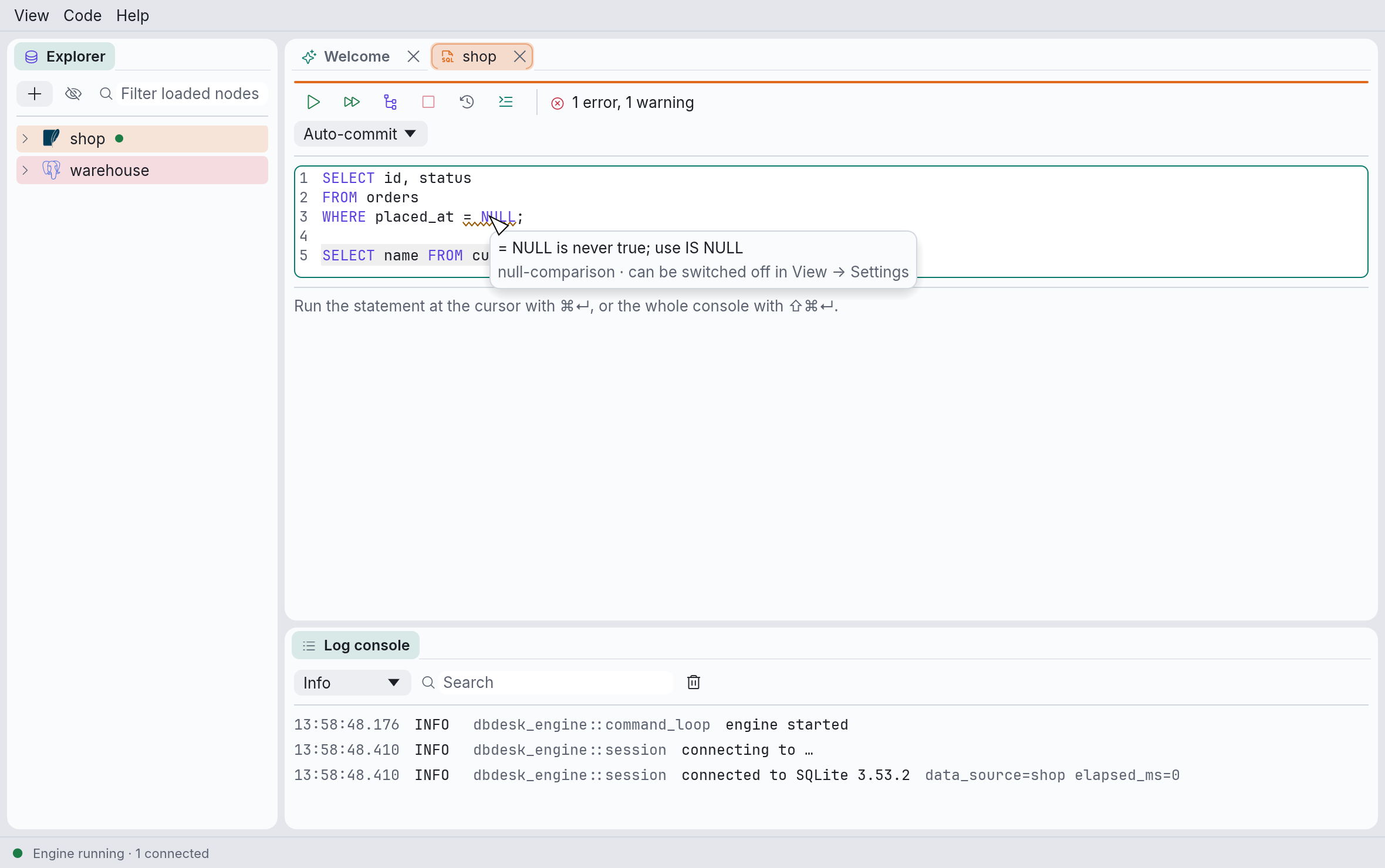 An underlined comparison with NULL, and its explanation