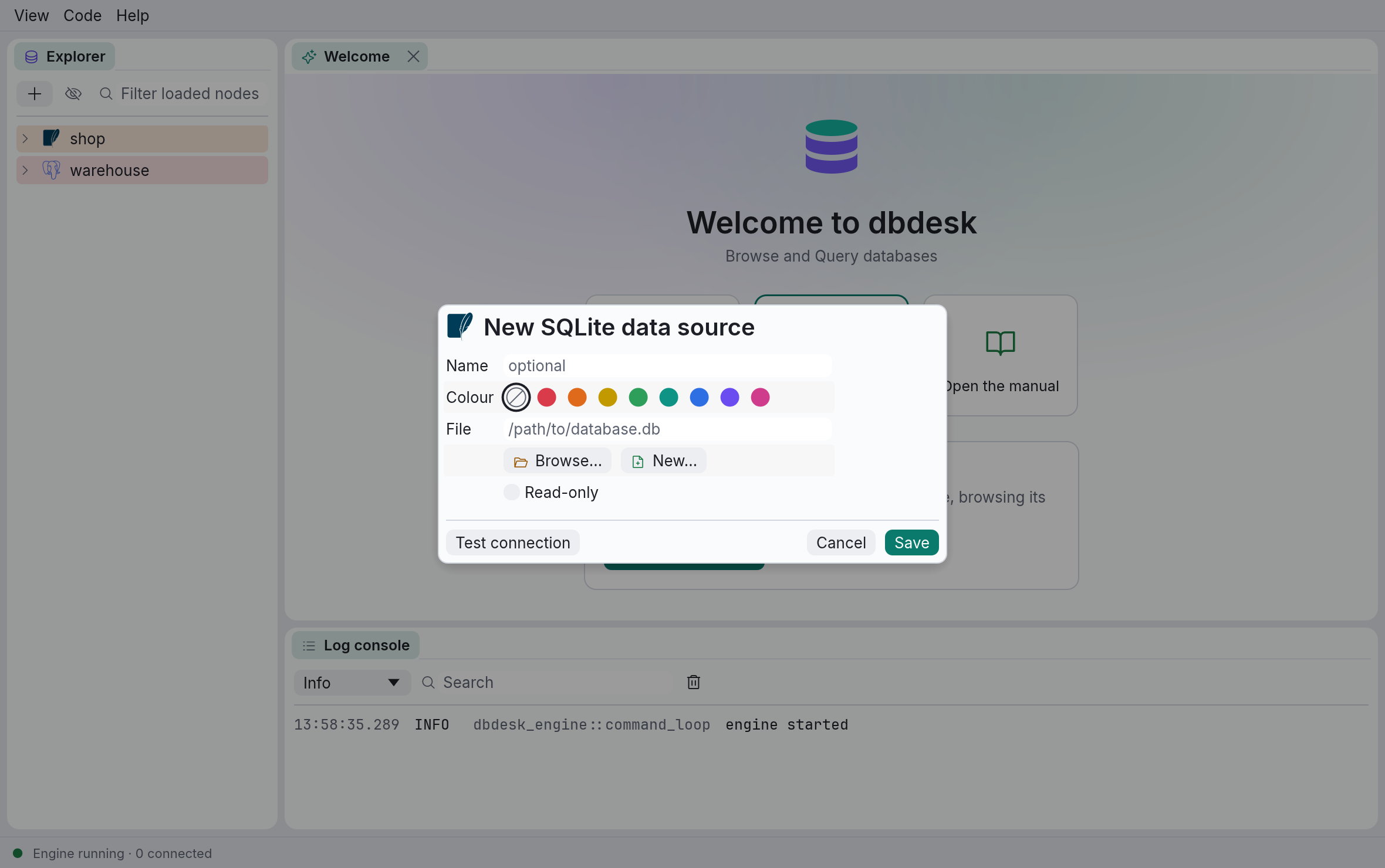 The New SQLite data source dialog
