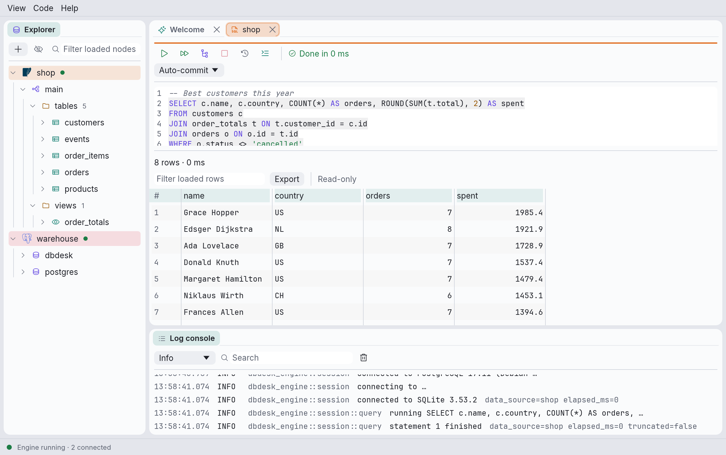 dbdesk with the explorer on the left, a query console with its results, and the log console
